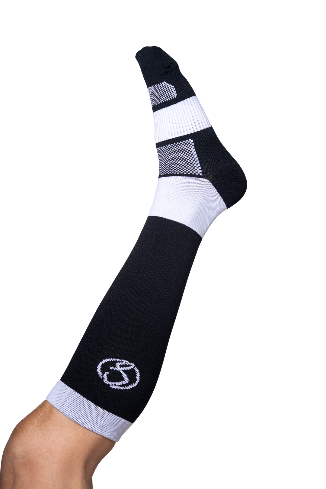 Black and white knee-high sock with a logo on a white background