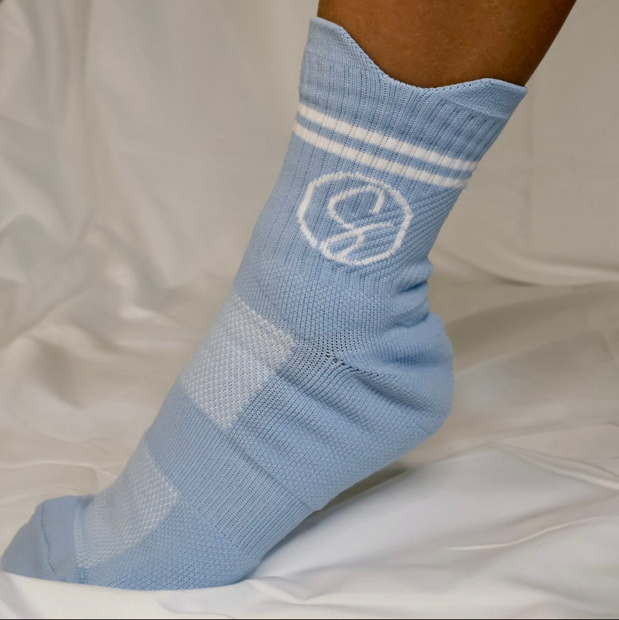 Light blue sock with a logo on a white background