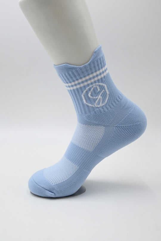 Blue sock with a logo on a white background